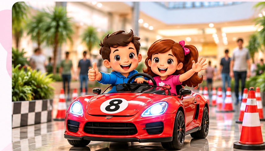 Kinder im roten Drive4Kids Fahrzeug in einem Einkaufszentrum